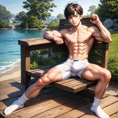 An 18-year-old boy wearing white and Nike socks showing his eight-pack abs sitting on a wooden board