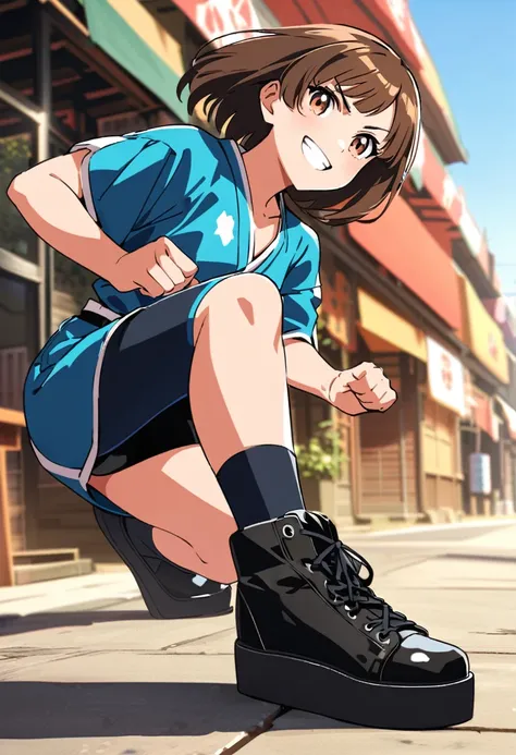 pop art,a martial artist girl,skyblue tubetop,(black very short spats),Platform sneakers,detailed face,brown hair,Black Shoes,dynamic fighting Pose,smile, BREAK japanese street,Full body portrait,(depth of field:1.3),Portrait,magnificent view,