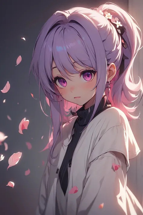 ((Masterpiece, Best quality)), (Negative space: 1.2), (1 girl, Solo: 1.4), petals, Pink eyes, Dragon girl, Long, Purple hair, High ponytail, liquid hair, Flowers, loong background