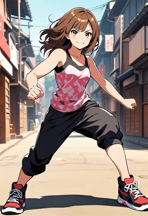 pop art,a martial artist girl,skyblue tubetop,(black short pants),sneakers,detailed face,brown hair,Black Shoes,dynamic fighting Pose,smile, BREAK japanese street,Full body portrait,(depth of field:1.3),Portrait,magnificent view,