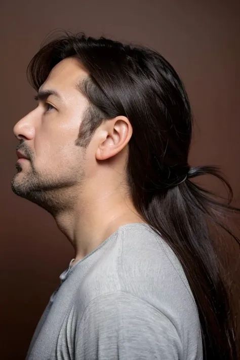 Create the image of a 45-year-old man with long hair in profile and slightly obese