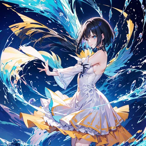 anime、beautiful girl、10 talents、Black Hair、A face that retains its youthfulness、short hair、Her hair is cut short, just short of her shoulders、Bright eyes、Sparkling eyes、A cheerful smile、Gazing into the distance、profile、dancing、Clothes：Bright dress、Clear wa...