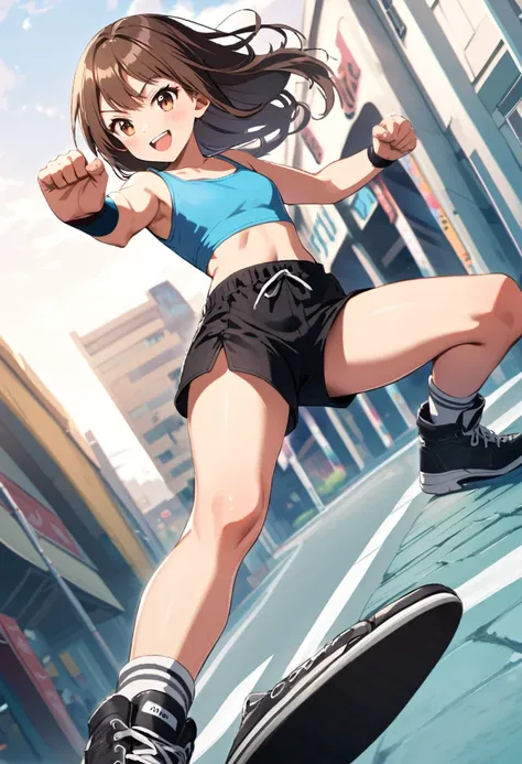 a japanese martial artist girl,tween,skyblue tube top,(black hot pants),sneakers,detailed face,brown hair,Black Shoes,dynamic fighting Pose,smile, BREAK, city avenue,Full body portrait,(depth of field:1.3),Portrait,magnificent view,