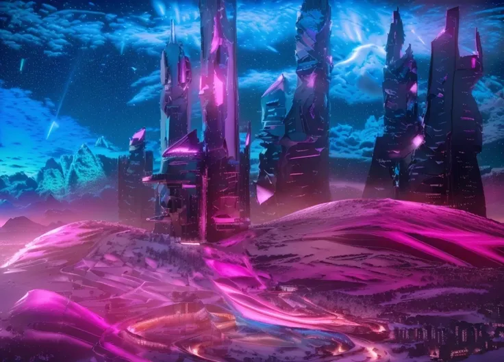 Masterpiece, 12k, uhd, photorealistic, a ultra beautiful suggestive landscape, with snow hills, snow land, futuristic metropolis in background, with skycrapers, night sky with stars, pink boreal aurora in the sky, light neon effects, cyberpunk dreaming atm...