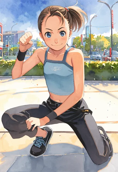 a japanese martial artist girl,tween,skyblue tube top,(black hot pants),sneakers,detailed face,brown hair,black shoes,dynamic fi...