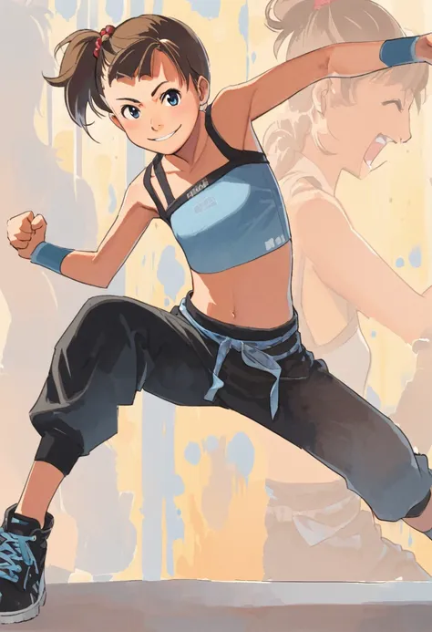 a japanese martial artist girl,tween,skyblue tube top,(black hot pants),sneakers,detailed face,brown hair,Black Shoes,dynamic fighting Pose,smile, city avenue,Full body portrait,(depth of field:1.3),Portrait,magnificent view,(watercolor:1.1),BREAK,Afterima...