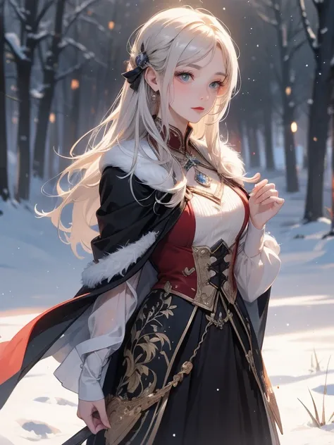 
Elania Haywind，Highest image quality，Outstanding details，Ultra-high resolution，（Honesty：1.4）, Attention to detail，Features，dawn，snow，winter，Behind is the wizard&#39;s sword，He has a delicate and beautiful face，（（Red and white semi-mechanical body：1.8）），Se...