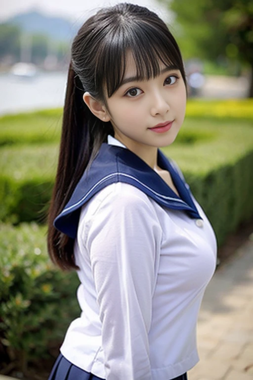 Japanese women、model、Sailor suit、School、School、From below、Panty shot、Big Breasts、Black Hair、、Cute Woman、ponytail、With bangs、Big Breasts、valley、Waistline、Double eyelids、Big round eyes、Cute eyes、Droopy eyes、Cute Woman、Long eyelashes、20-year-old、Photorealisti...