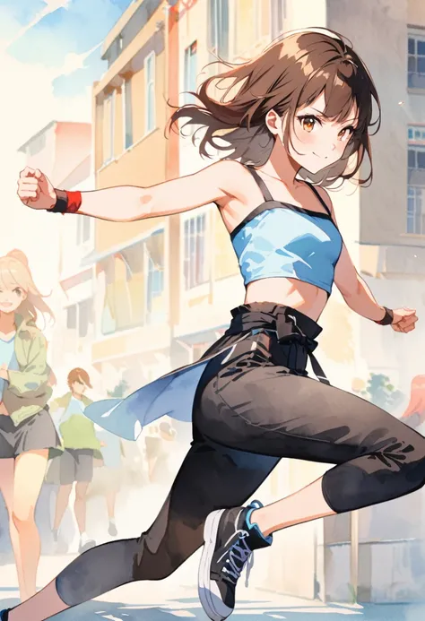 a japanese martial artist girl,tween,skyblue tube top,(black spats),sneakers,detailed face,brown hair,Black Shoes,dynamic fighting Pose,smile, city avenue,Full body portrait,(depth of field:1.3),Portrait,magnificent view,(watercolor:1.1),BREAK,Afterimage,T...