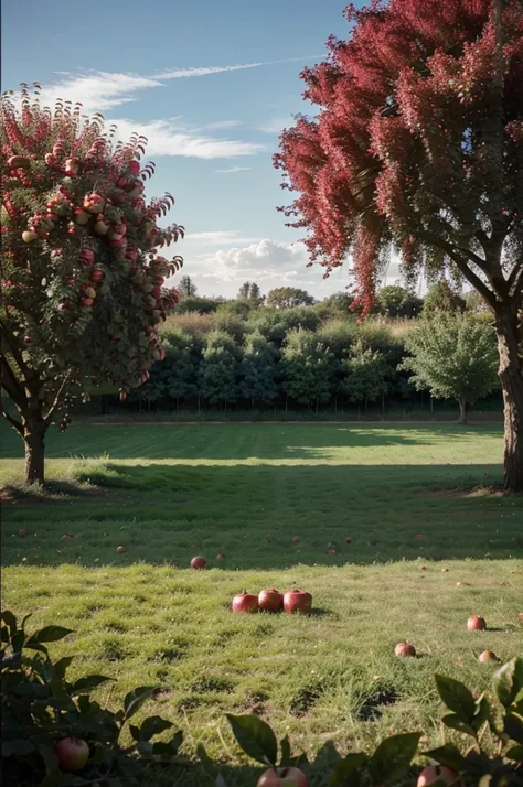 Realistic photo of a field with an apple tree in the right foreground and apples on the ground 