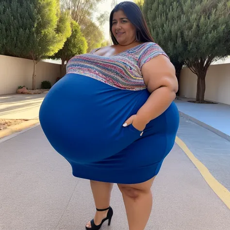 Extremely Hyperpregnant Chilean woman with huge belly wearing a dress