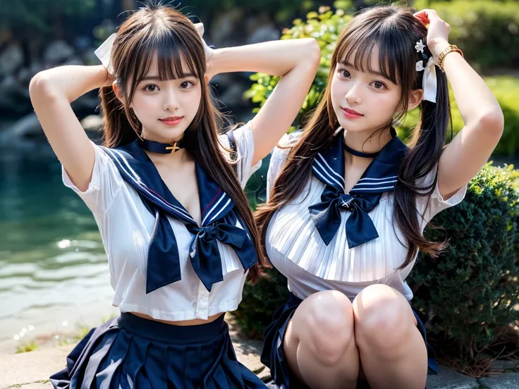 (((very heavy chest))),NSFW, 16k raw photos, highest quality, masterpiece, ultra high resolution, ((She is wearing Beautiful exposed redShe is wearing (a high school sailor uniform).
(navy sailor collar:1.4),(white shirt:1.4),(navy pleats skirt:1.4),(navy ...