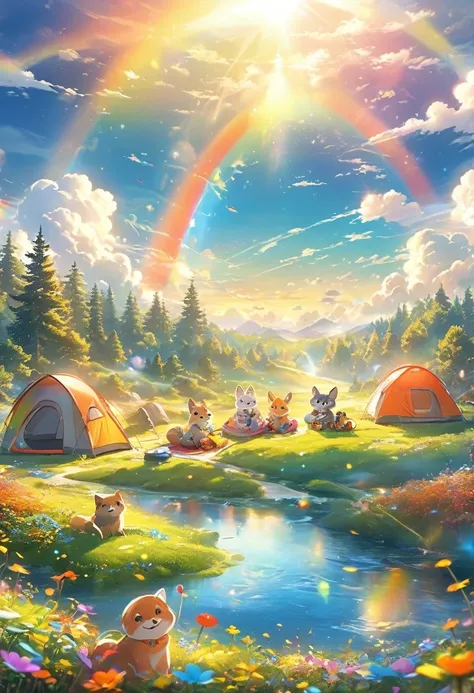 best quality, masterpiece, camping outdoors in a furry dream world, it feels like being on a carpet of colorful clouds, smile su...