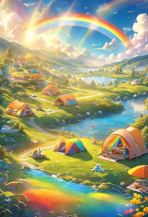 best quality, masterpiece, camping outdoors in a furry dream world, it feels like being on a carpet of colorful clouds, smile su...