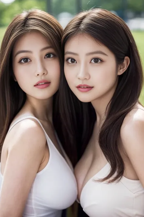 highest quality, Ultra-high resolution, (Realistic:1.4), RAW Photos, 32K Portrait, Very detailed,Two Girls、Two Girls、Leaning forward、Huge breasts、Cleavage、The two look at each other.、Super large 、Black Bando Dress、Two women，Equal height，Chestnut-colored ha...