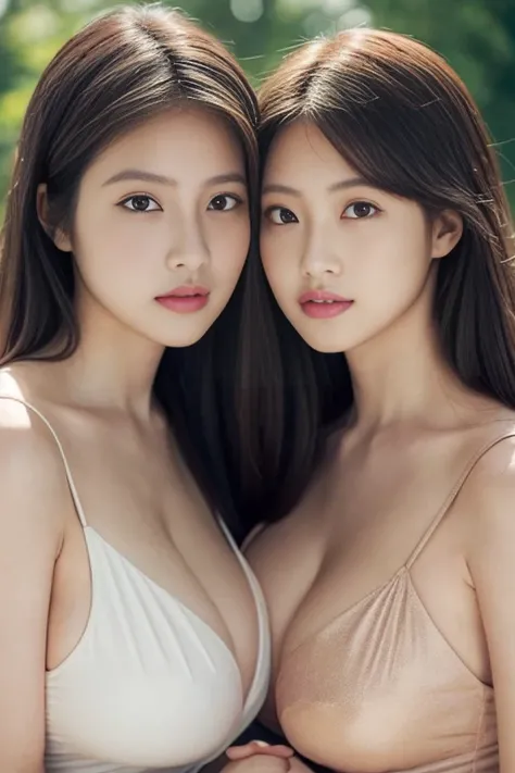 highest quality, Ultra-high resolution, (Realistic:1.4), RAW Photos, 32K Portrait, Very detailed,Two Girls、Two Girls、Leaning forward、Huge breasts、Cleavage、The two look at each other.、Super large 、Black Bando Dress、Two women，Equal height，Chestnut-colored ha...