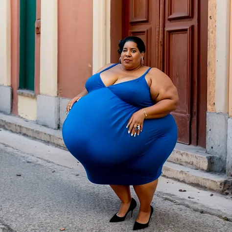 Extremely Hyperpregnant Cuban woman with huge belly wearing a dress