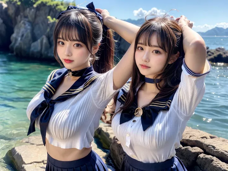 (((very heavy chest))),NSFW, 16k raw photos, highest quality, masterpiece, ultra high resolution, ((She is wearing Beautiful exposed redShe is wearing (a high school sailor uniform).
(navy sailor collar:1.4),(white shirt:1.4),(navy pleats skirt:1.4),(navy ...