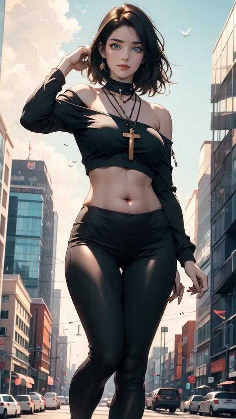 24-year-old woman、Outstanding proportions、Wear off-the-shoulder tops、I can see my belly button、Wear low rise leggings、Skyscraper Background、smile、Cross one&#39;s arms、Carry a handbag over one&#39;s shoulder