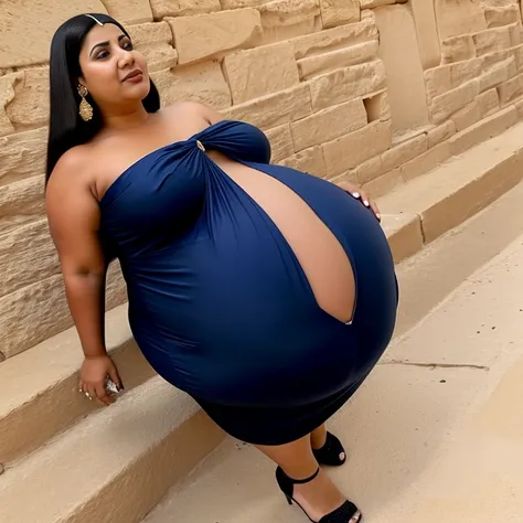 Extremely Hyperpregnant Egyptian woman with huge belly wearing a dress