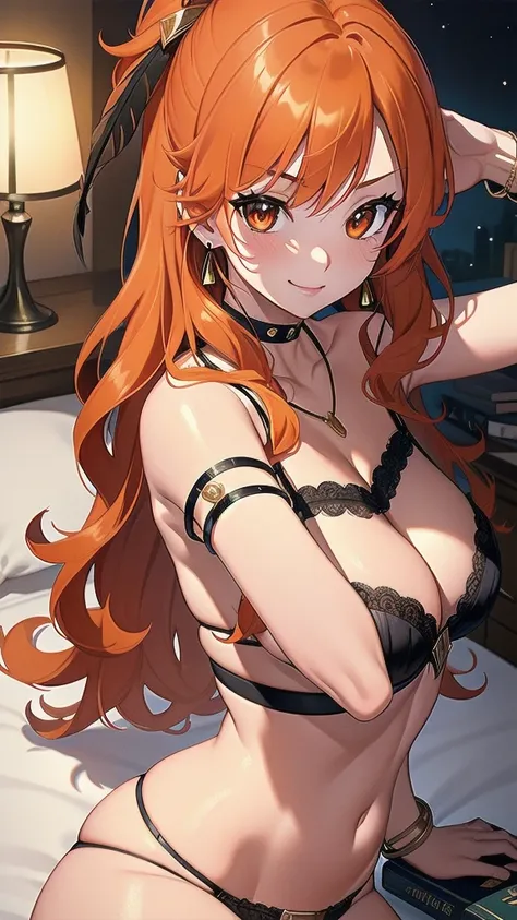 masterpiece, best quality, 1 solo girl, orange hair,  orange eyes, long hair, medium breasts, sexy body and face, wavy hair, smile, black bra, black panty, pendant, bracelet, jewelry, earrings, feather hair ornament, book, lying at the bed, night, sexy pos...