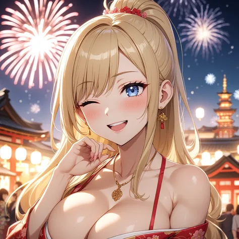 ((one personの女性)), Beautiful Face,Happy and fun,Blushing,(Wink:2.0),Laughing with your mouth open,Lighting the face,Glossy lips,Abstract, night,Shrine festival sexpensives,firework, ((Anime style background)),masterpiece, highest quality, so beautiful, Lat...