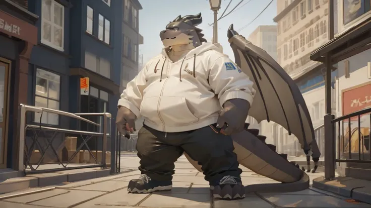 dragon, male, adult, solo, scalie, fat body, barra,yaoi, kemono, white hoodie,short pants, street city outfit,stand,nerd, full b...