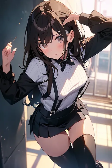 Brown hair、I look at the audience　　　Black suspenders　　　bulging big tits　　 　 　　　walls: 　Black miniskirt　garters　　　　　　Look　　　small face　bang 　　　murmur　　　beautiful women　　hands up　　レッグmurmur ベッドに横たわる　　Look 　black boots with panties　Provocation　flank　flank汗　