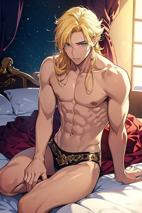 Fantasy　anime　highest quality　masterpiece　Sparkling　Decoration　A shirtless tanned, dark-haired man and a blonde woman are sitting on a bed