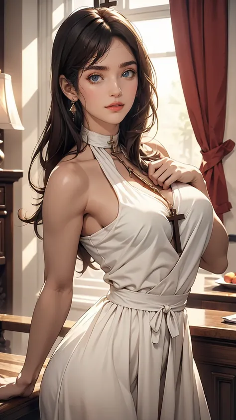 24-year-old woman、Outstanding proportions、Cross Halter Neck((cross halter neck))Wear a dress、smile、Cross one&#39;s arms、Carry a handbag over one&#39;s shoulder、sexy、Wear stiletto heels