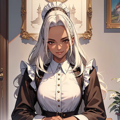 ((best quality)), ((masterpiece)), (detailed),High quality, Ultra detailed, best quality, insanely detailed, beautiful, masterpiece, White hair, long hair, (tanned skin:1.3),(clasical maid),tall woman,20s,smile(brown eyes))