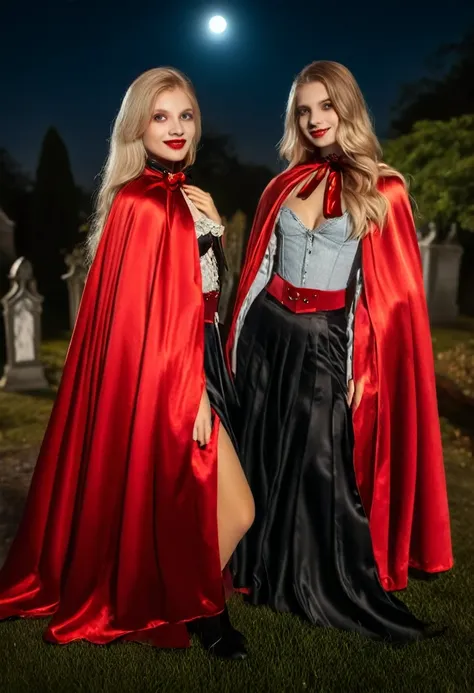 Vampyfangs1 , (RAW photo) , 2girls, cute, 20 years old, long blonde hair , smiling, look at viewer, ((((silver and red lined  satin cape tied at the neck)))+++, side spilt skirt , embracing, nighttime, standing in a moonlit graveyard , photo, realistic, be...