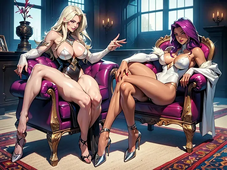 Emma Frost the White Queen of Marvel, is together with Madelyne Pryor the Goblin Queen and Psylocke of Marvel, they are sexy and seductive, with a lascivious and provocative appearance, the Goblin Queen of the X-Men is sitting in a luxurious chair, Psylock...