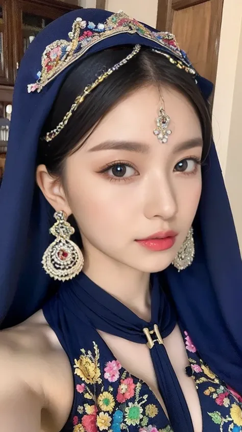 colorful, null, Flowers, Magic, Fantasy, That, highest quality,beautiful detailed hijabi,Fascinating face,Tzuyu、Aiu、Your ,Long eyelashes,Wearing a colorful bellydancer,Detailed explanation,huge ,With cleavage, Underbust, Side bust,Looking into the camera, ...