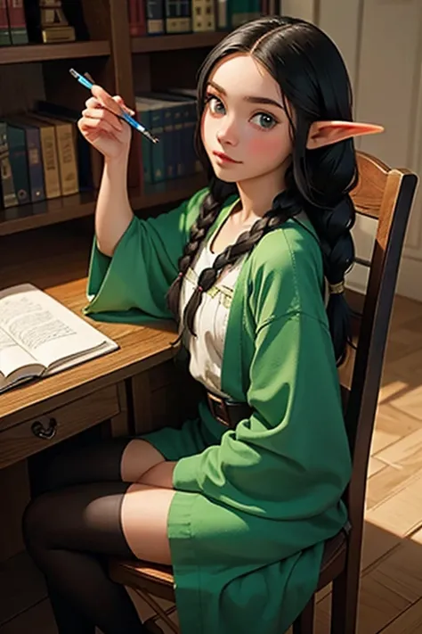 Obra de arte, melhor qualidade, 1 female elf,1 garota, long black hair in braids,olhos azuis,bustoto pequeno,olhando para o espectador, one piece,, namiOP, , escola, escola desk,, Sozinho,  Beautiful 18 year old female elf in a medieval knight school