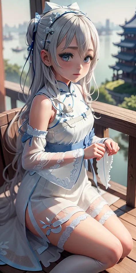 ((best quality)), ((masterpiece)), ((Extremely detailed)), (illustration), (Detailed lighting), (Extremely delicate and beautiful),Charming young girl,Long white hair,Blue sky,(Chinese Garden),Silky