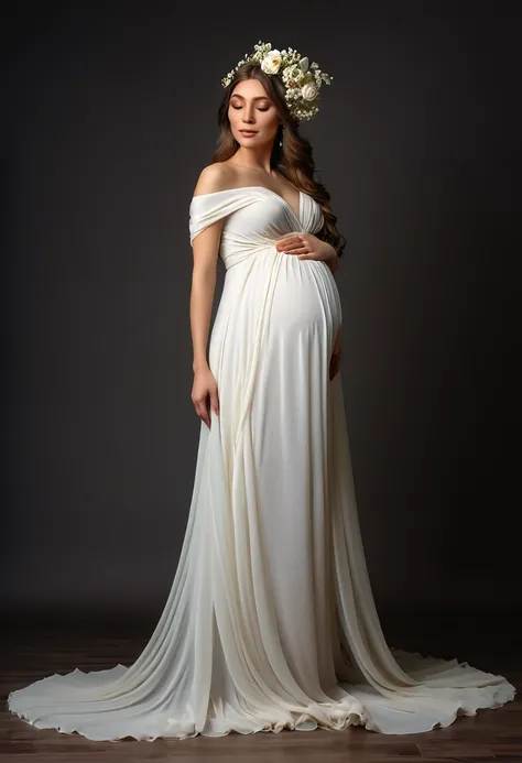 pregnant woman in a flowing dress with a flower in her hair, wearing a flowing dress, flowing gown, beautiful flowing fabric, flowing dress, endless flowing ethereal drapery, draped in flowing fabric, beautiful gown, flowing realistic fabric, dressed beaut...