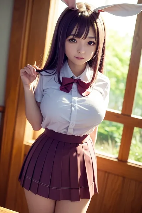 sit in Sauna room , steam , waistband of skirt is at the point above chest , plaid skirt , pleated skirt , Tight shirt , white Shirt , school girl , skirt under breasts , skirt is near breasts area , skirt is adjacent to the chest , (masterpiece, best qual...