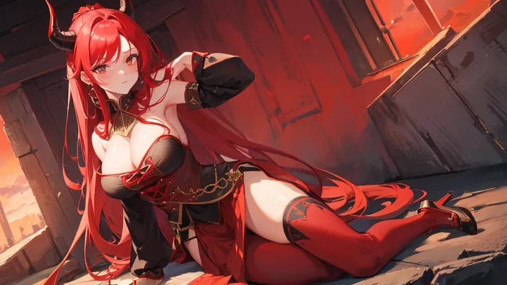 girl with red long hair, hair tied up, eyes upturned, cool girl, red sexy royal clothes, black stockings, 8k resolution, red sky, horn, magic, fantasy, mommy character 