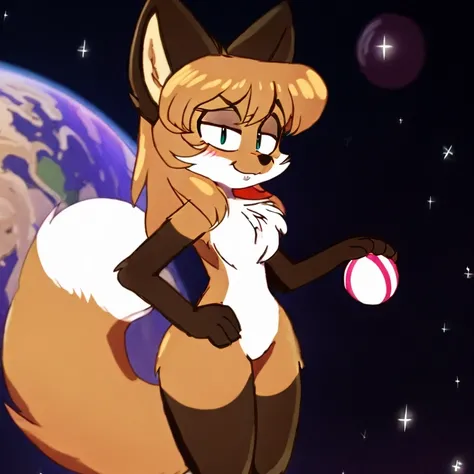 Nervous smiling, uploaded the e621, space background, comet in background, beautiful and detailed, woman (((female))) ((anthro)) Fox, (Averi, Fox girl), cinematic lighting, Fox, (anthro, fluffy fur, character focus:1.1), 1girl, anthro fox girl, body fur, c...