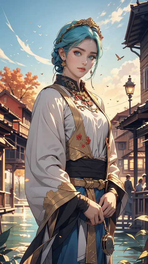 20-year-old woman in Ukrainian costume、Blue eyes with a flower crown on his head、River and blue sky in the background、Afternoon light and sunset realistic illustration