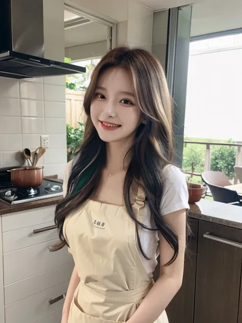 masterpiece, highest quality, High resolution,alone,Multiple hair colors,artistic,Best lighting,casual,Flat Chest,Beautiful Face,expensive,smile,light makeup,Age 24,Calm woman,Detailed Hair,Laughing woman,Wavy Hair,Woman in apron,outside,morning,whole body...