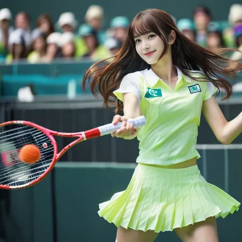 Photo-realistic quality、White tennis wearを着た20歳のアイドルが黄色いテニスボールを打っている, White tennis wear, A girl playing tennis, Japanese model playing tennis, Realistic rackets,looking at the camera、Detailed and beautiful eyes、A soft and gentle look、Cute Smile