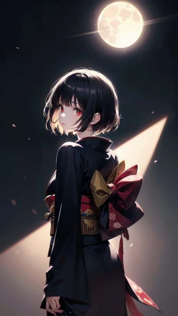 Dynamic angle, Perspective, (Backlight, Dark:1.5), Illustration, Top quality, Masterpiece, High resolution, Very delicate and beautiful, Very detailed wallpaper, Original, 1girl, Lolita, White skin, Short hair, Dark hair, Dull fringe, Fine eyes, Red eyes, ...