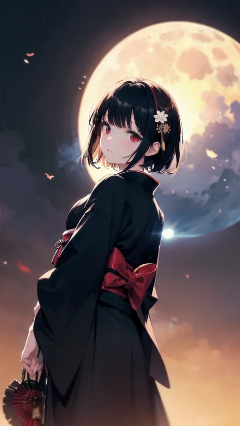 Dynamic angle, Perspective, (Backlight, Dark:1.5), Illustration, Top quality, Masterpiece, High resolution, Very delicate and beautiful, Very detailed wallpaper, Original, 1girl, Lolita, White skin, Short hair, Dark hair, Dull fringe, Fine eyes, Red eyes, ...