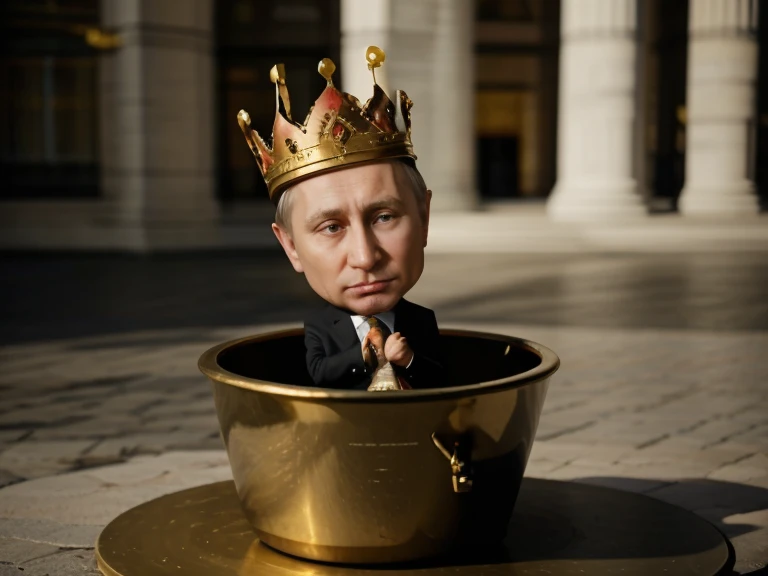 A very small, frightened Putin in royal clothes and a golden crown sits on the lid of a huge gold toilet on Red Square in Moscow. In the style of caricature.