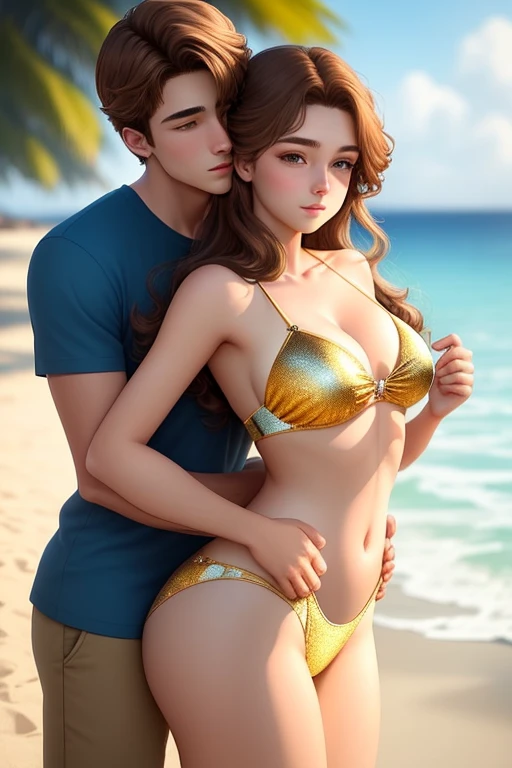 Man and woman, staring intently to eyes. No one look at front. Man Hugging woman from back and kissing, Lovers. Hand on the waist. Hand on the neck. The girl is a beautiful mermaid on the sea with golden tails. 
20-year-old boy and 18-year-old girl. Detail...