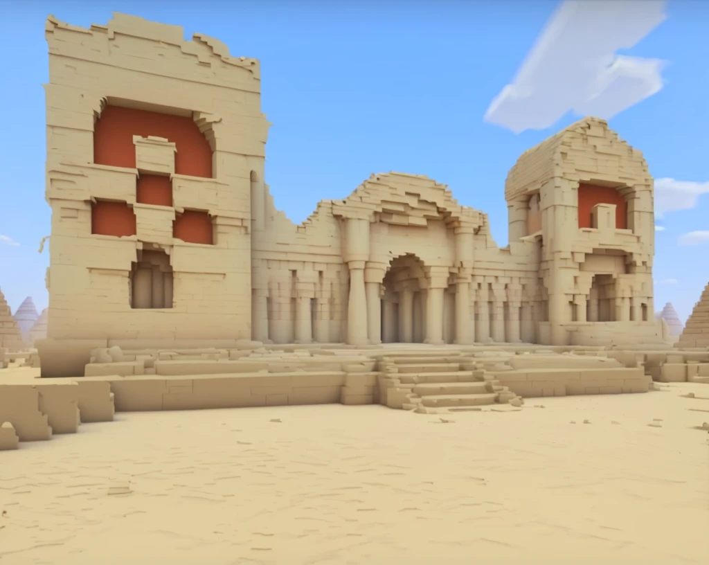 A large brick building with a red door and a sky background, Desert Temple, Built in the Egyptian Desert, gigachad in my world, giant tomb structures, style of my world, Egyptian Background, in style of my world, in my world, screenshot from my world, my w...