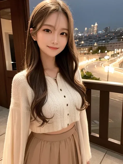 masterpiece, highest quality, High resolution,alone,Brown,artistic,Best lighting,casual,Flat Chest,Beautiful Face,expensive,smile,light makeup,Age 26,Calm woman,Detailed Hair,Laughing woman,Wavy Hair,Woman in long skirt,night,outside,night景,Face Focus