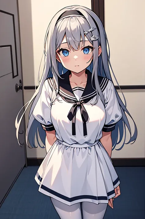 ((masterpiece, best quality, highres)), depth of field, BREAK, 1girl, standing, cowboy shot, BREAK, (classroom), BREAK, kei1, blue eyes, long hair, bangs, grey hair, hair ornament, black hairband, hair between eyes, BREAK, white dress, short sleeves, ribbo...